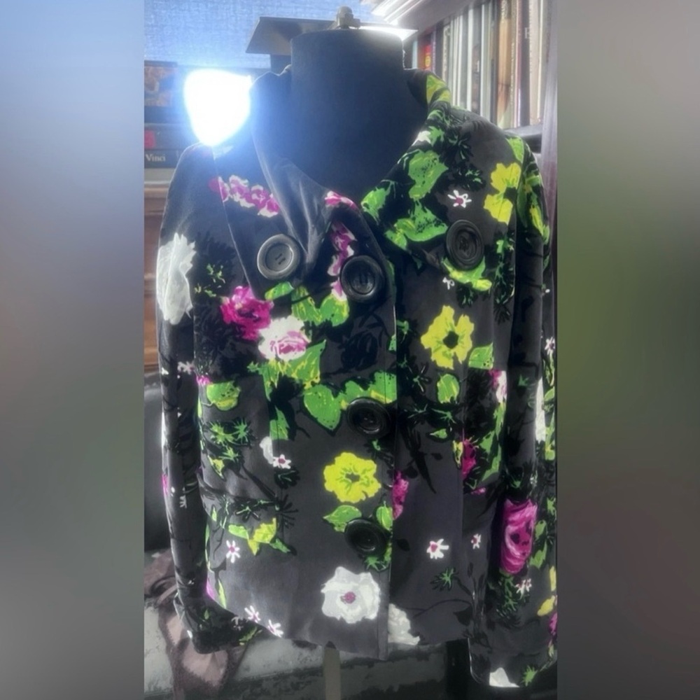 Vintage Carlisle Black Floral Cropped Pea Coat with Pink & Green Accents video - Picture 9 of 13